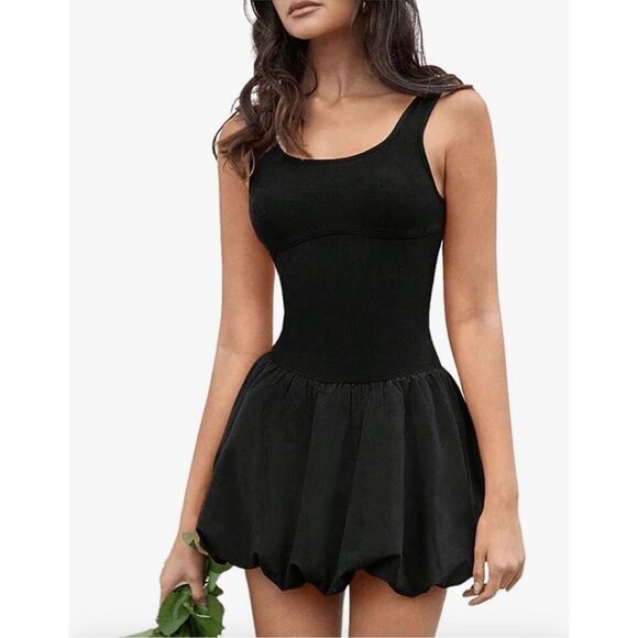 NEW Scoop Neck Sleeveless Ruffle Bubble Tank Mini Dress L - Picture 1 of 7